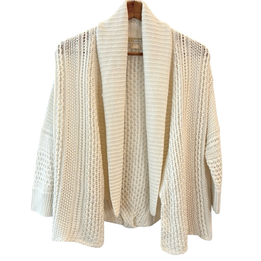 Michael Kors Linen Cotton Open Front Cardigan Sweater Knit Cream Ivory White L - Picture 10 of 13